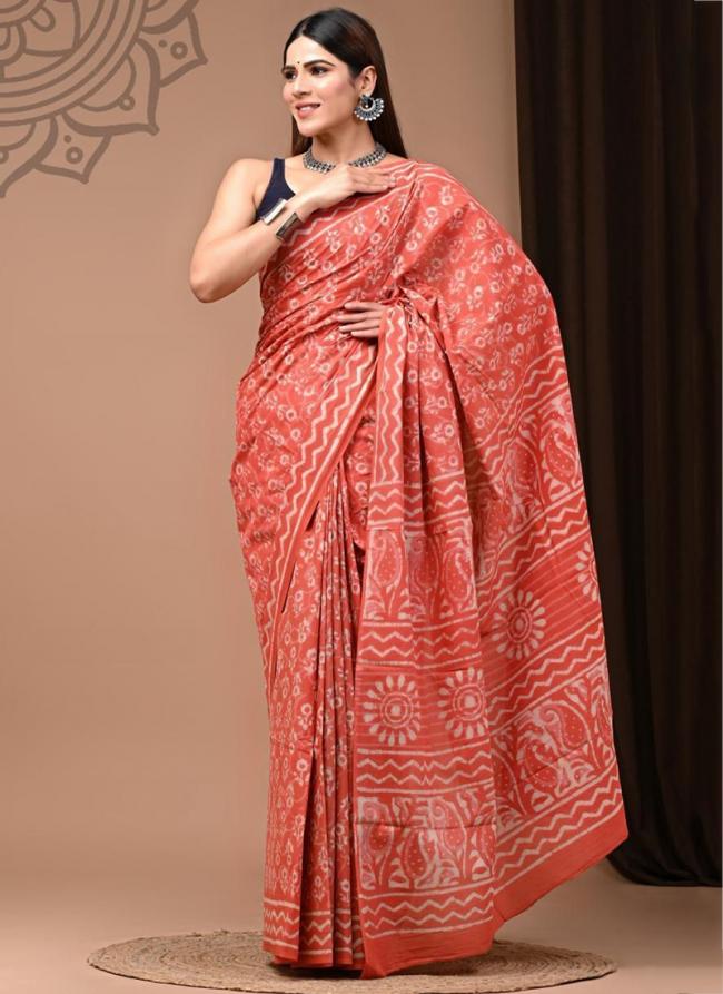 Cotton Mul Mul Red Casual Wear Printed Saree